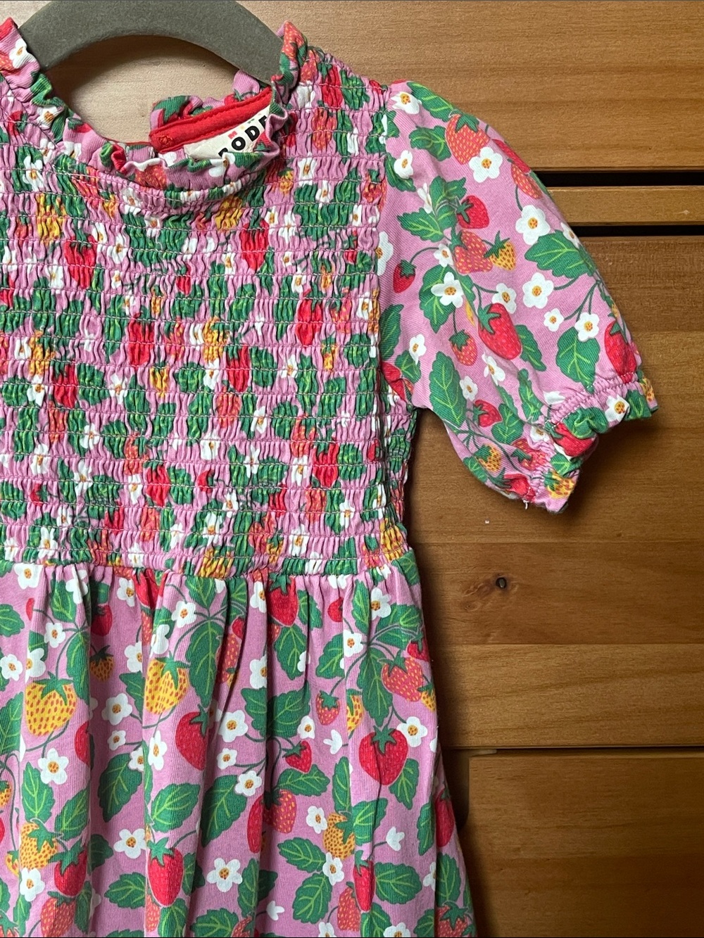 Mini Boden Pink Strawberry & Floral Smocked Puff-Sleeve Dress